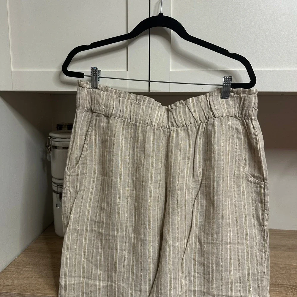 Magaschoni Linen Pants Womens L Pull On Striped Metallic Wide Leg Paperbag Waist - Picture 4 of 15